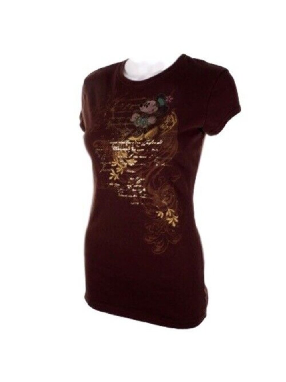 Vintage Womens M Disney Minnie T-Shirt Brown Gold Fitted Scoop Neck Graphic Tee